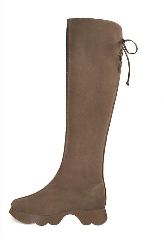 Chocolate brown women's knee-high boots, with laces at the back. Round toe. Low rubber soles. Made to measure. Profile view - Florence KOOIJMAN